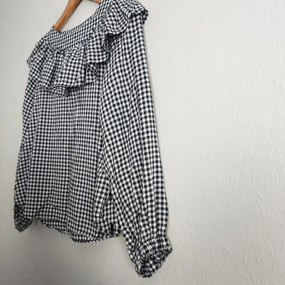 Zara Black White Gingham Check Ruffle Yoke Blouse Frill Long Sleeve Top Small